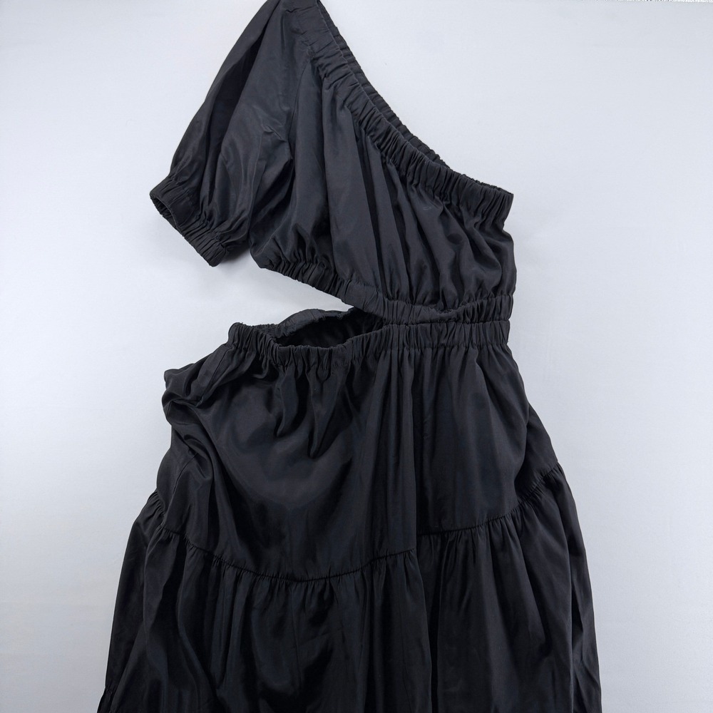 MOON RIVER Black One Shoulder Tiered‎ Midi Dress Cutout Elastic Waist